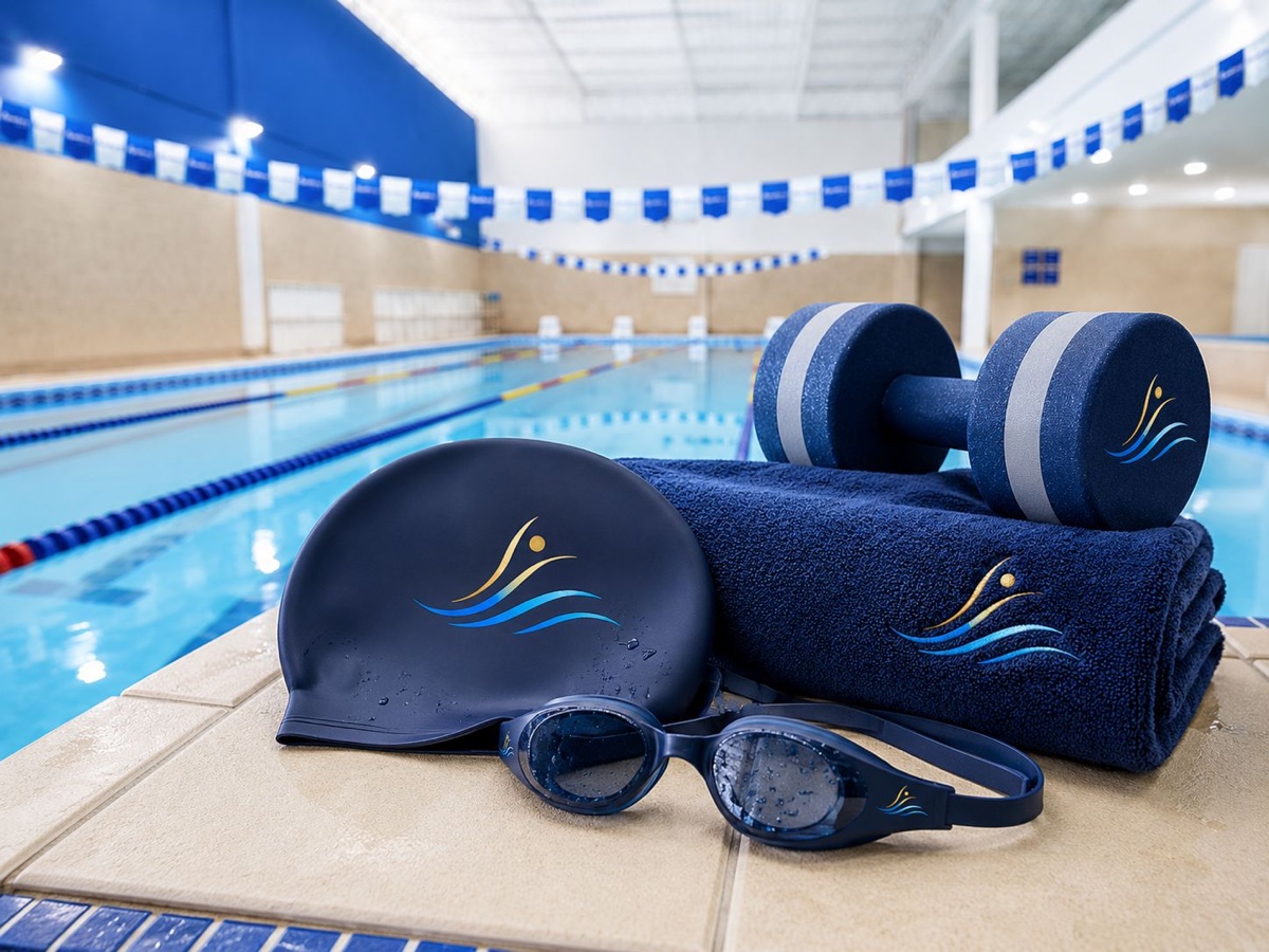 Kit Acquatherm à beira da piscina: touca, óculos e toalha com a marca